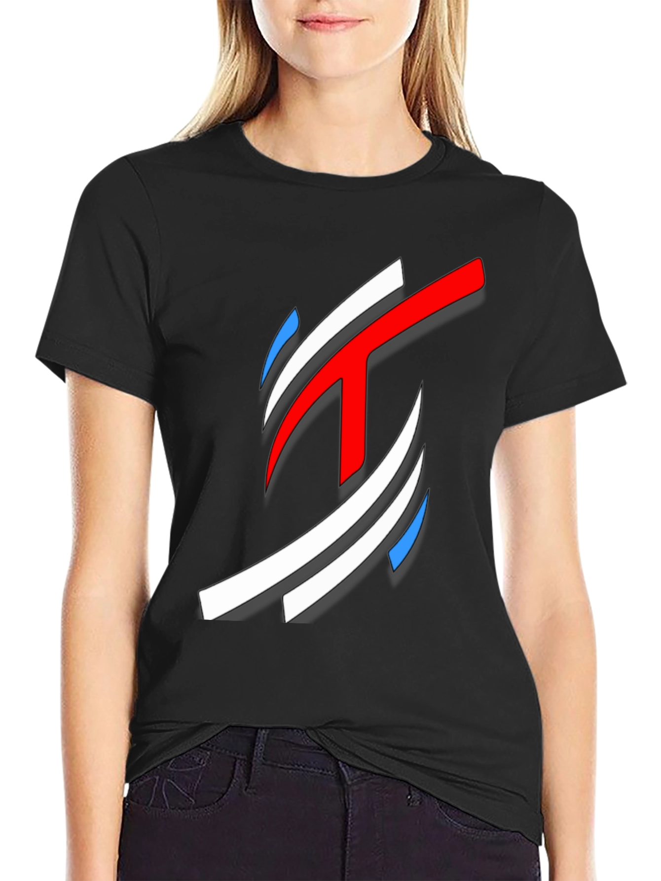 Abstract Red White Blue Graphic Black T-Shirt