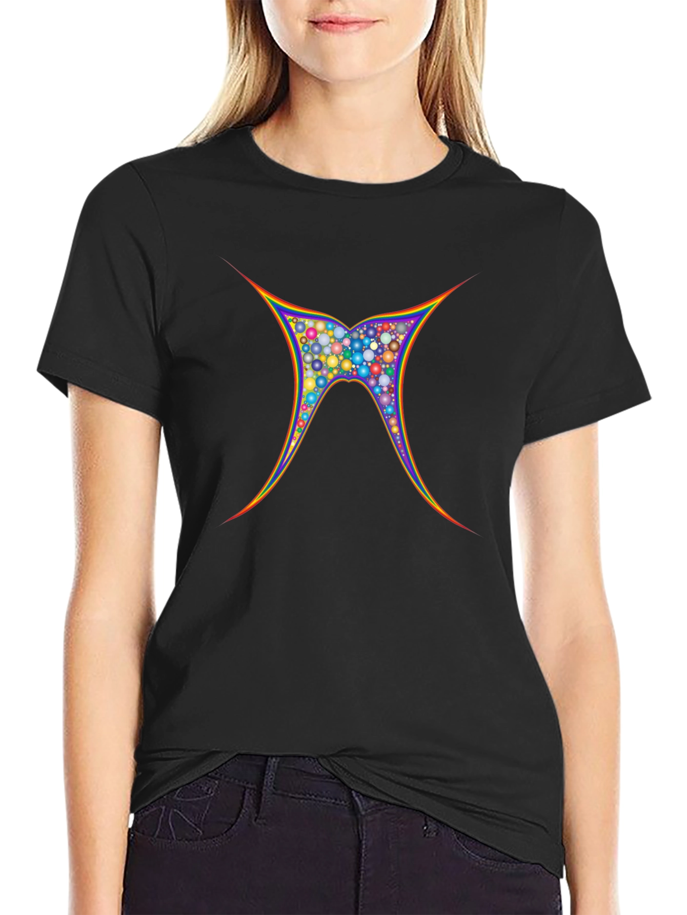 Vibrant Geometric Butterfly Graphic Tee - Black