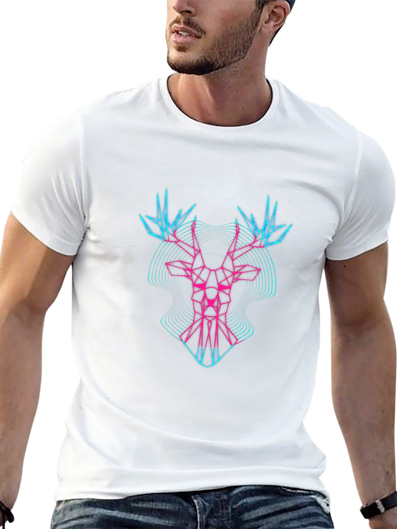 Geometric Deer Head Graphic Tee - Black