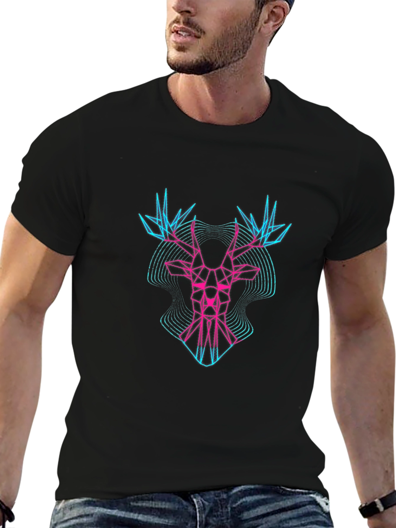 Geometric Deer Head Graphic Tee - Black