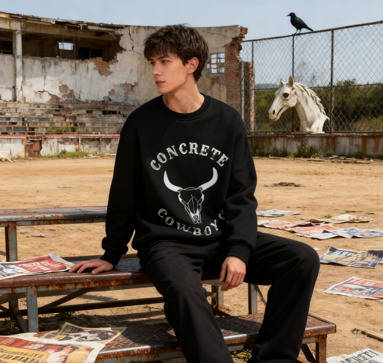 Playful "Concrete Cowboy Co." Bull Skull Western Sweatshirt