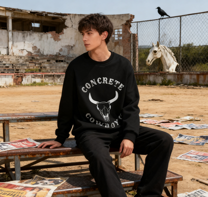 Playful "Concrete Cowboy Co." Bull Skull Western Sweatshirt