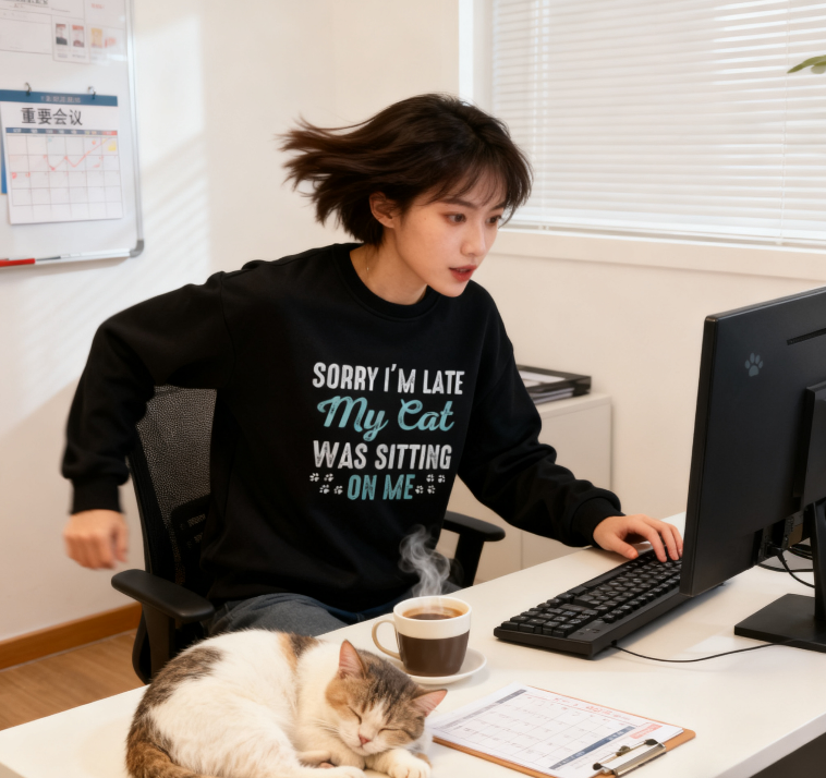 Playful Cat Lover "Sorry I’m Late My Cat Was Sitting On Me" Graphic Sweatshirt