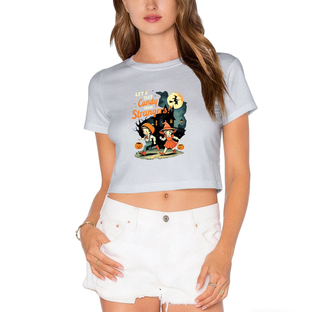 Let's Take Candy From Strangers Retro Halloween Cropped T?Shirt
