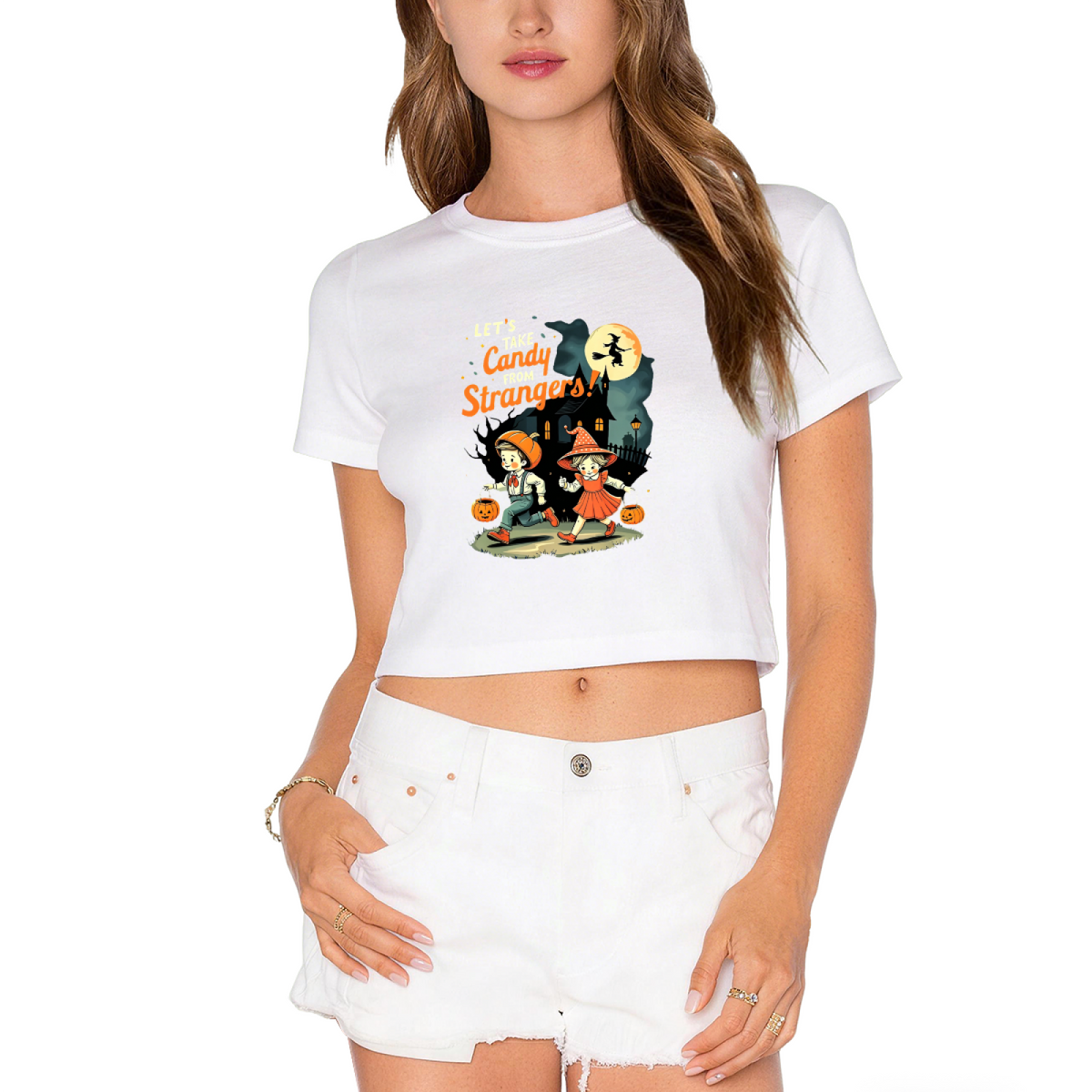 Let's Take Candy From Strangers Retro Halloween Cropped T?Shirt