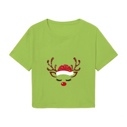 Cute Sleepy Reindeer With Santa Hat Holiday Crop Top