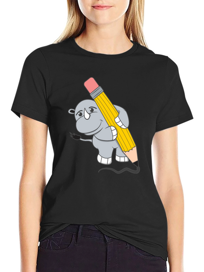 Rhino with Pencil Graphic Tee - Unisex Black T-Shirt