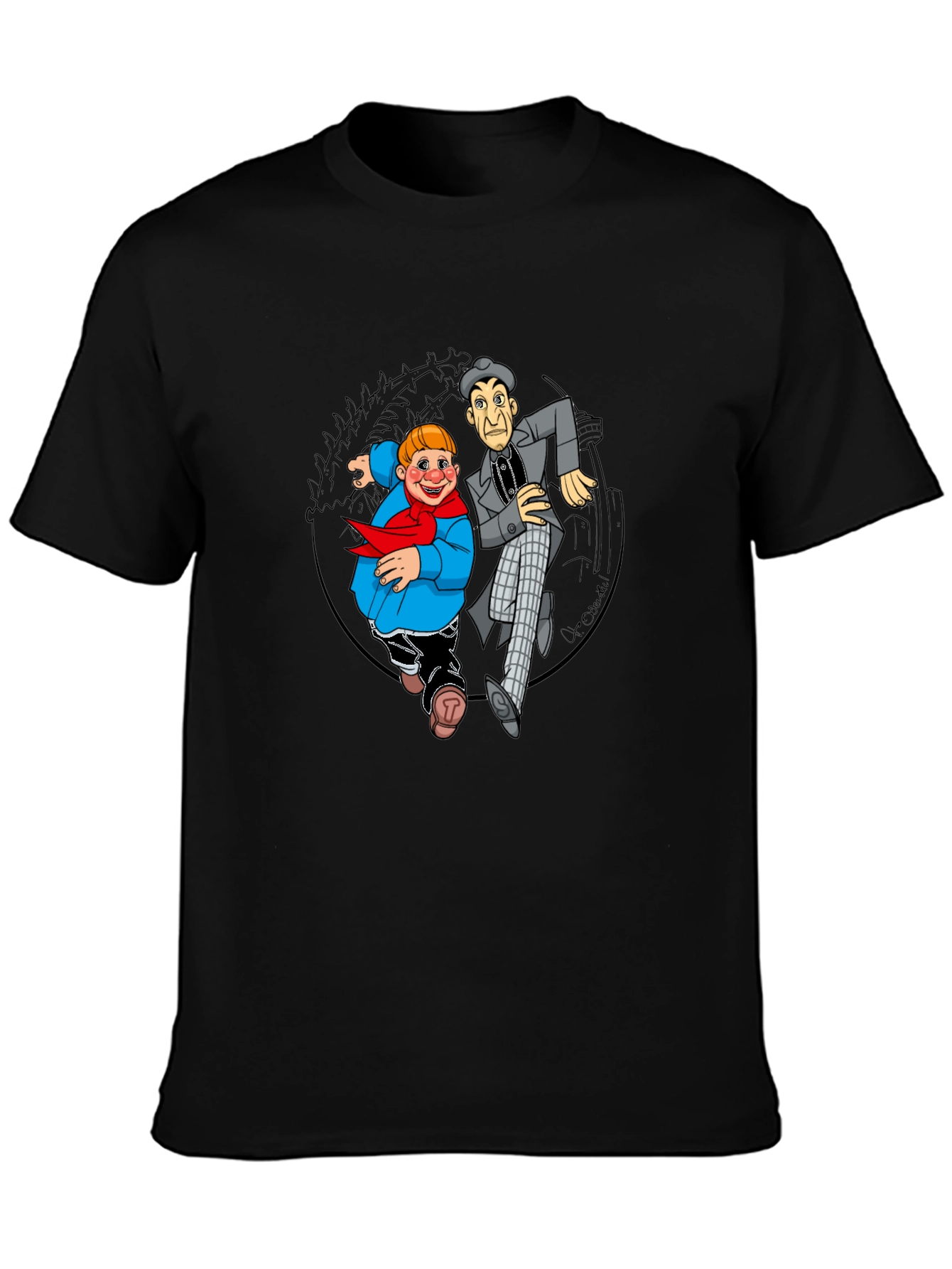 Cartoon Duo Graphic T-Shirt - Black Crew Neck