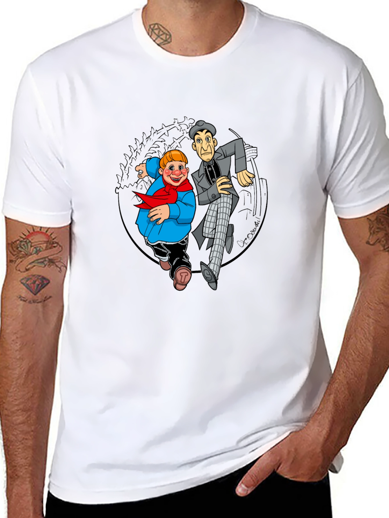Cartoon Duo Graphic T-Shirt - Black Crew Neck