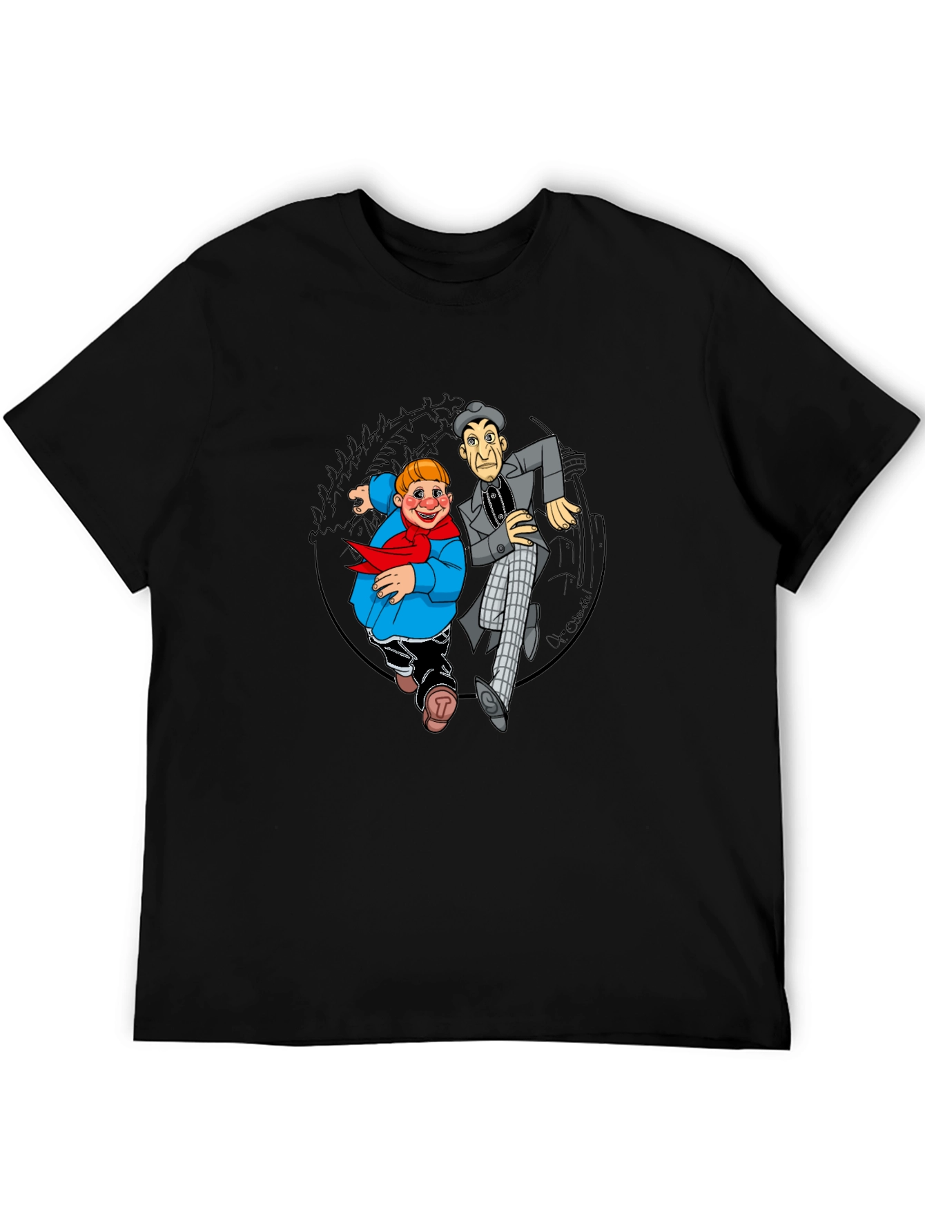 Cartoon Duo Graphic T-Shirt - Black Crew Neck