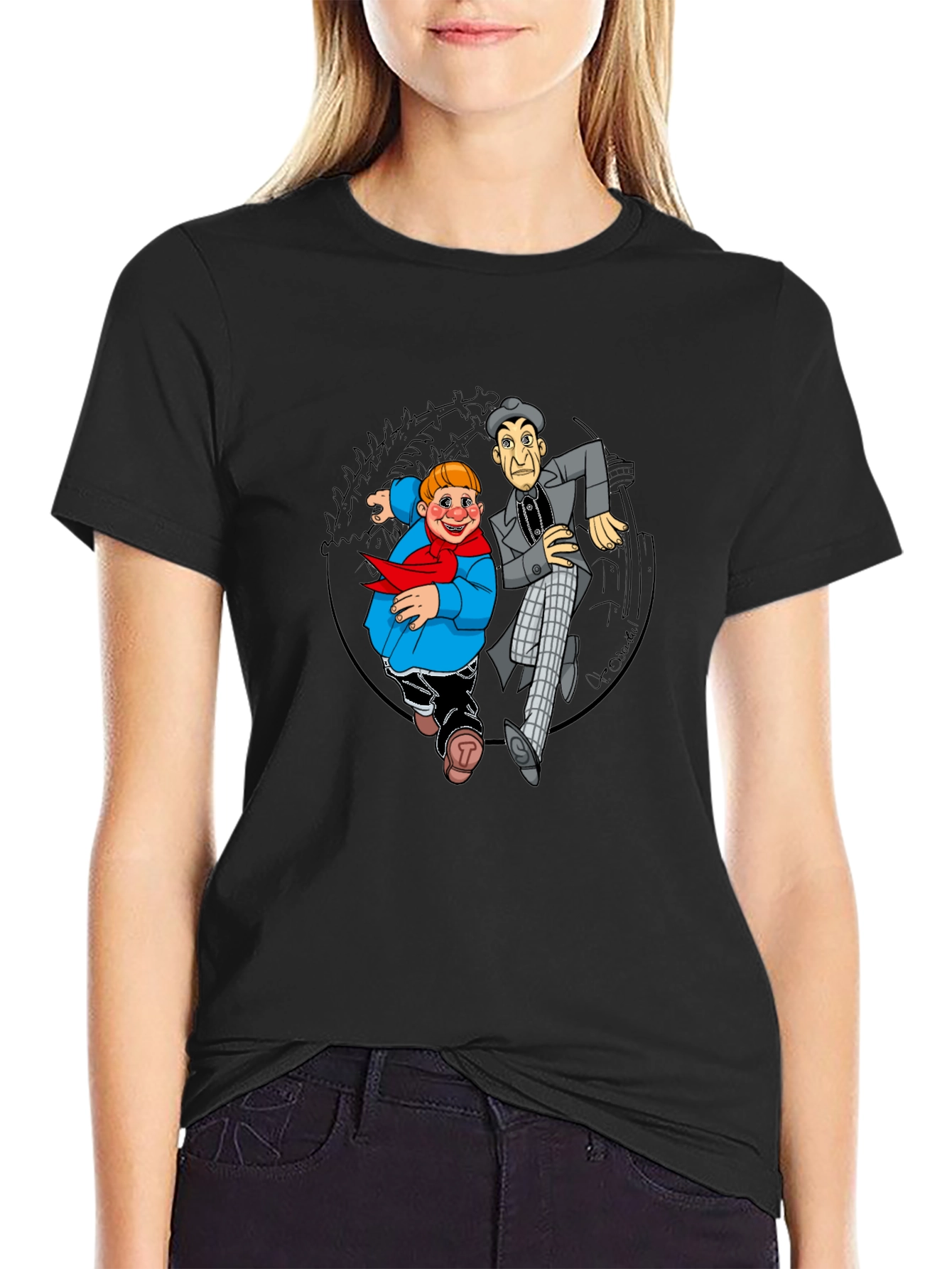 Cartoon Duo Graphic T-Shirt - Black Crew Neck
