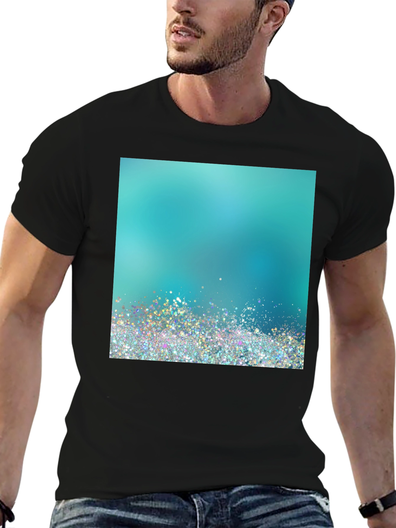 Aqua Glitter Design Black T-Shirt