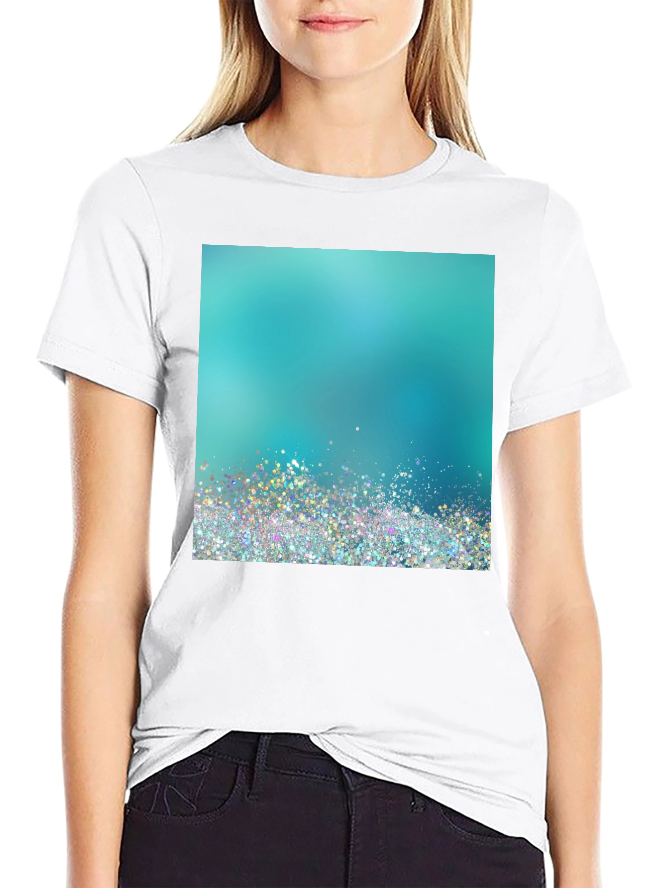 Aqua Glitter Design Black T-Shirt
