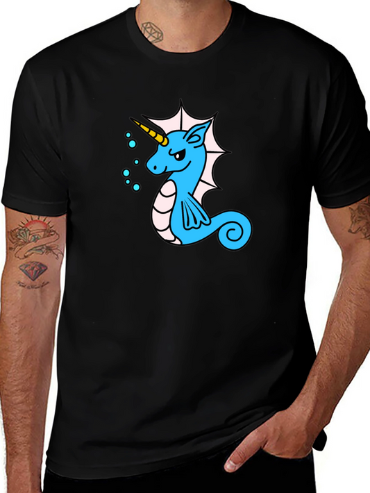 Unicorn Seahorse Graphic Tee - Black Cotton T-Shirt