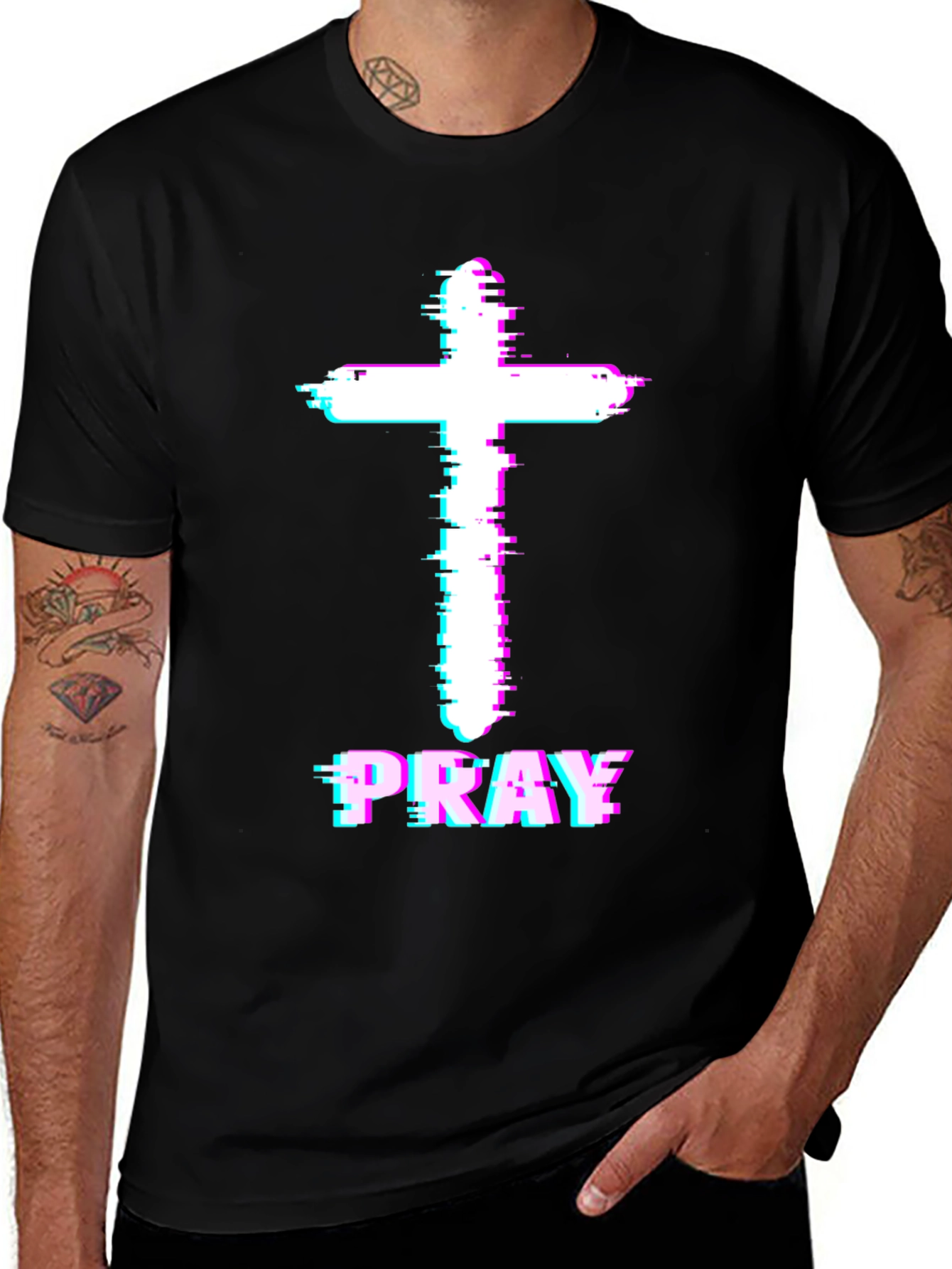 Pray Cross Glitch T-Shirt - Christian Faith Tee