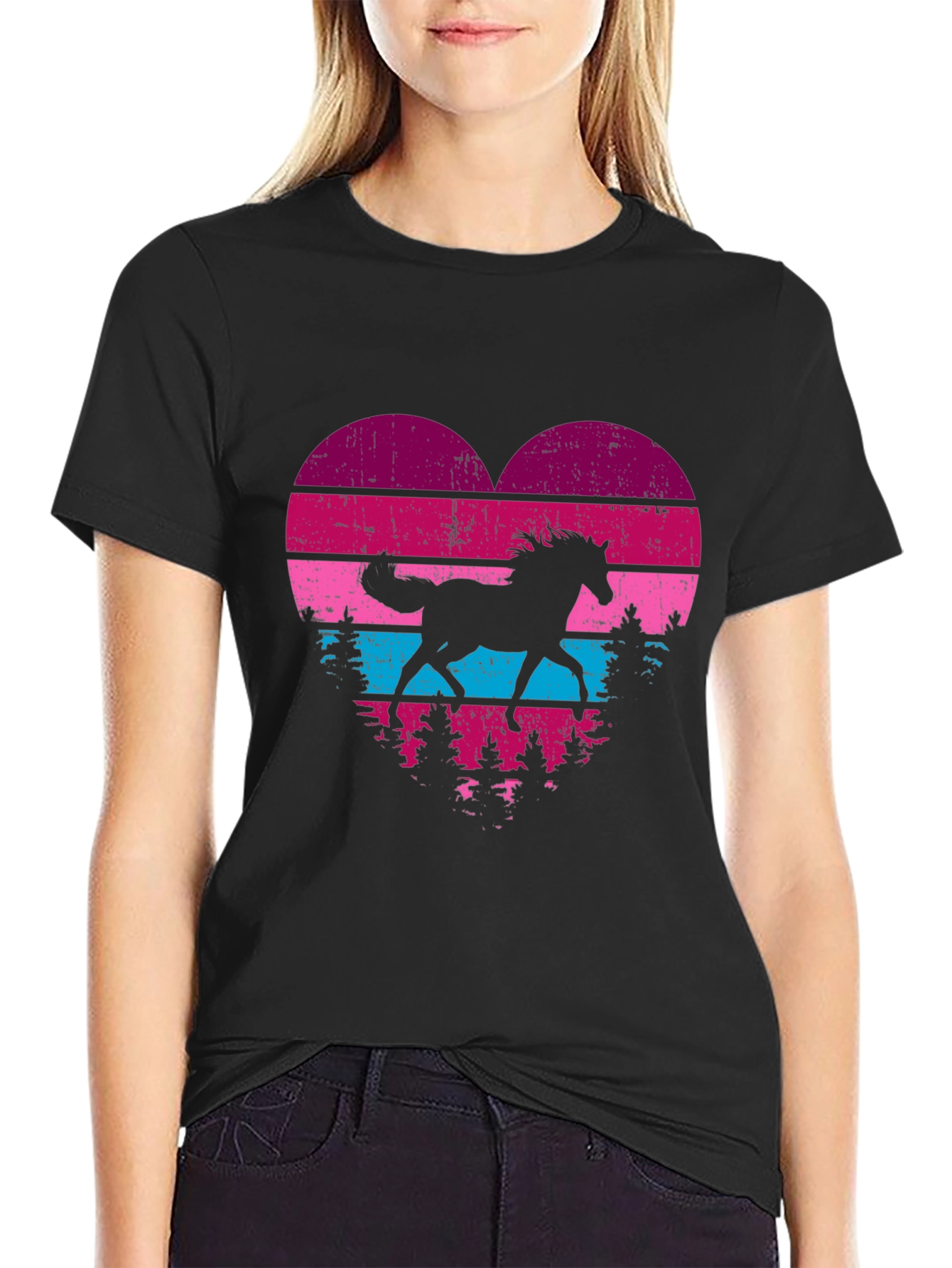 Horse Silhouette Heart Graphic Tee - Black