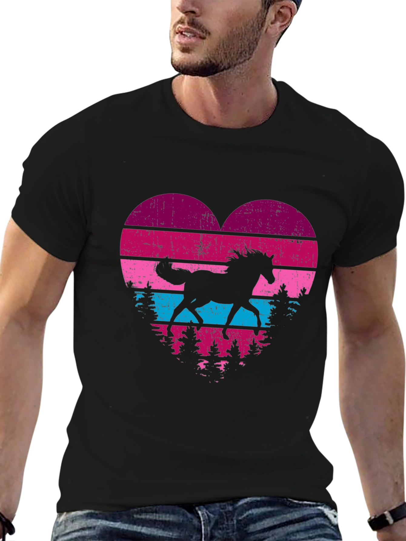 Horse Silhouette Heart Graphic Tee - Black
