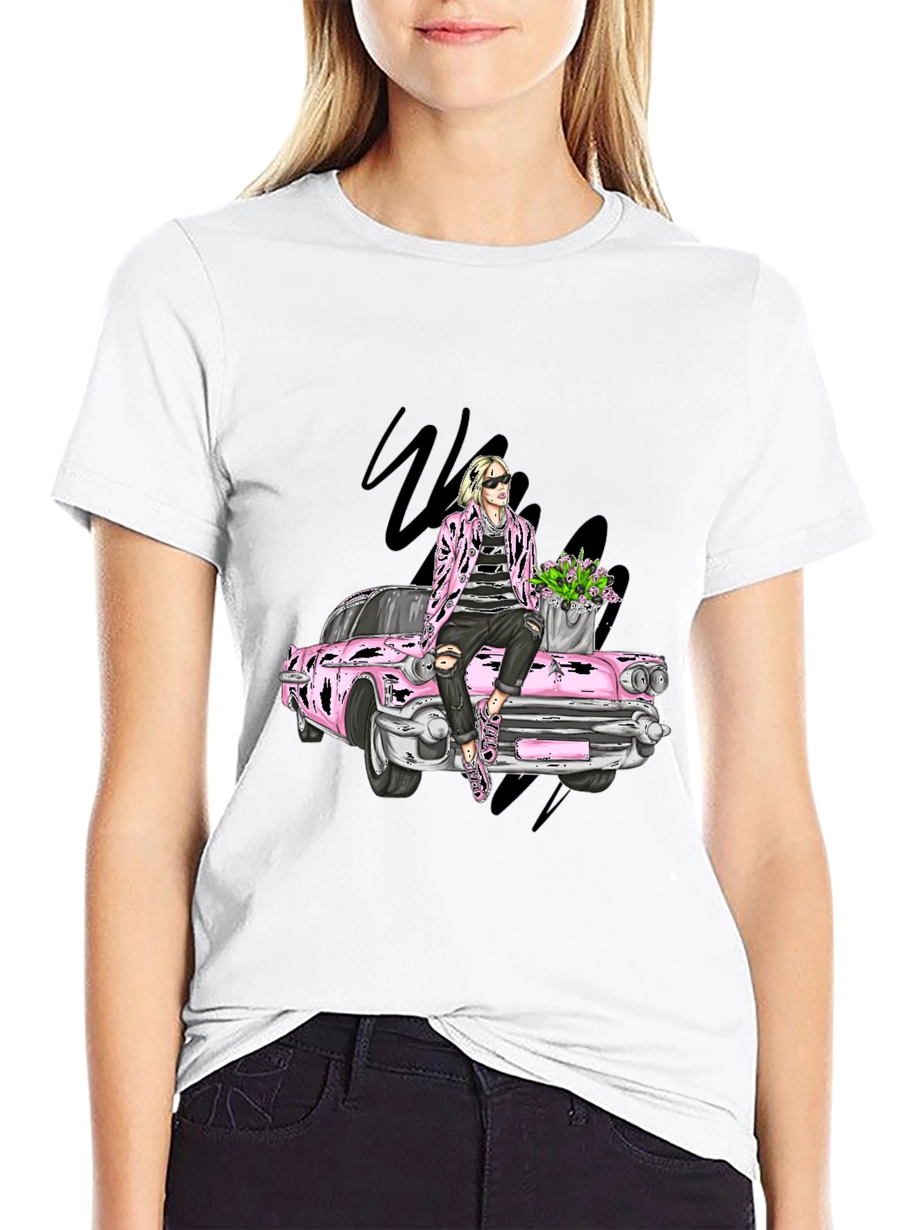 Retro Car T-Shirt with Stylish Figure Graphic