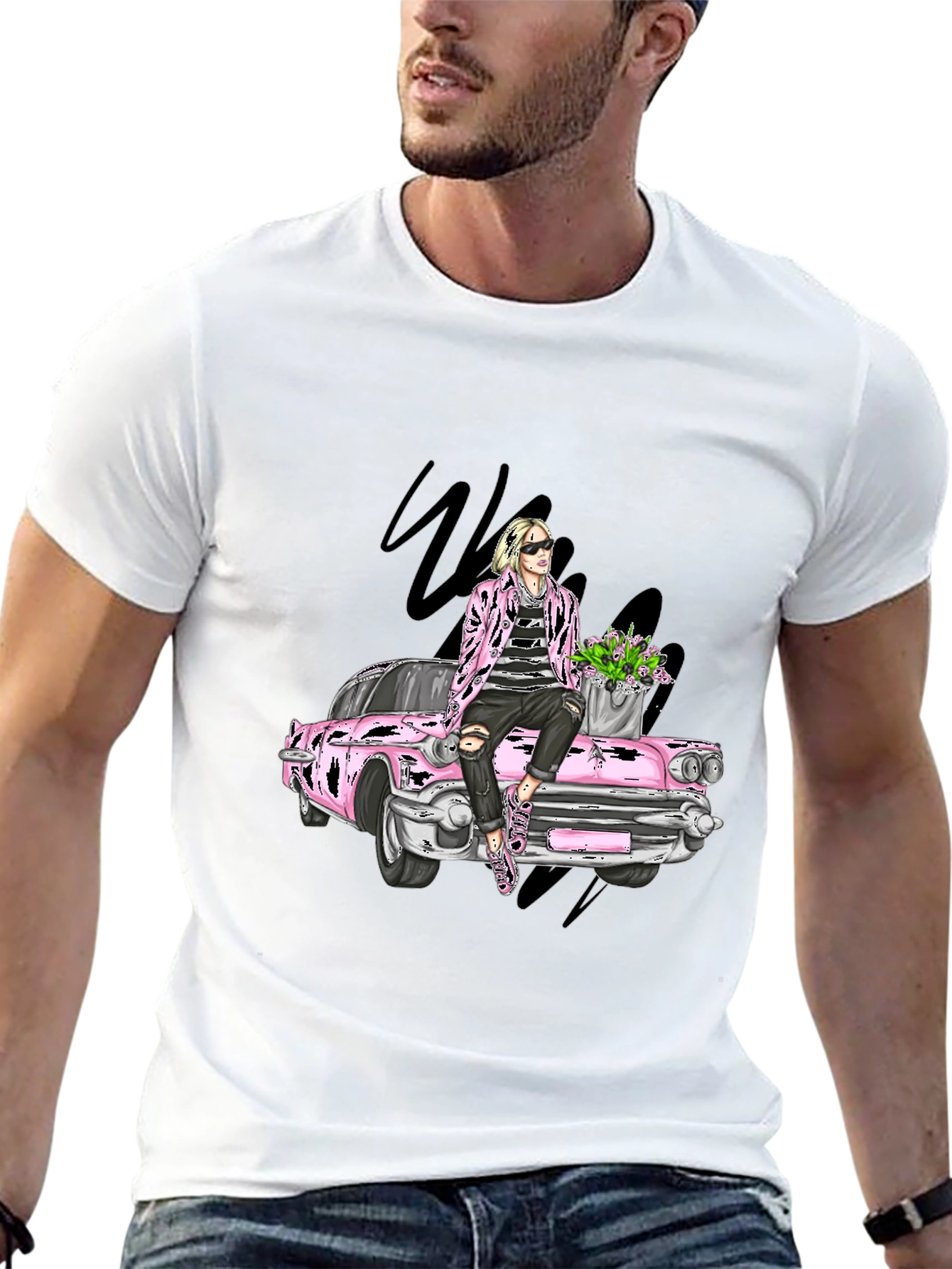 Retro Car T-Shirt with Stylish Figure Graphic