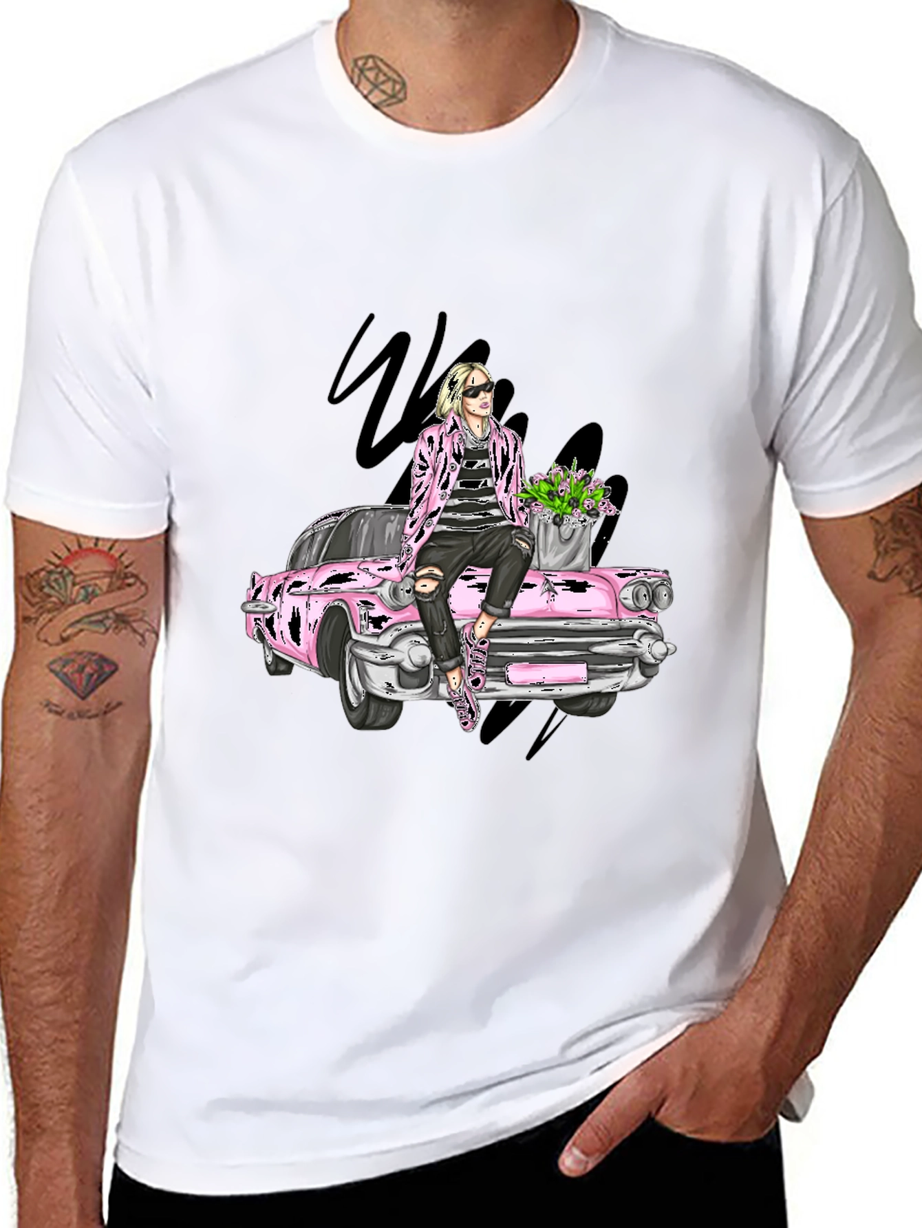 Retro Car T-Shirt with Stylish Figure Graphic