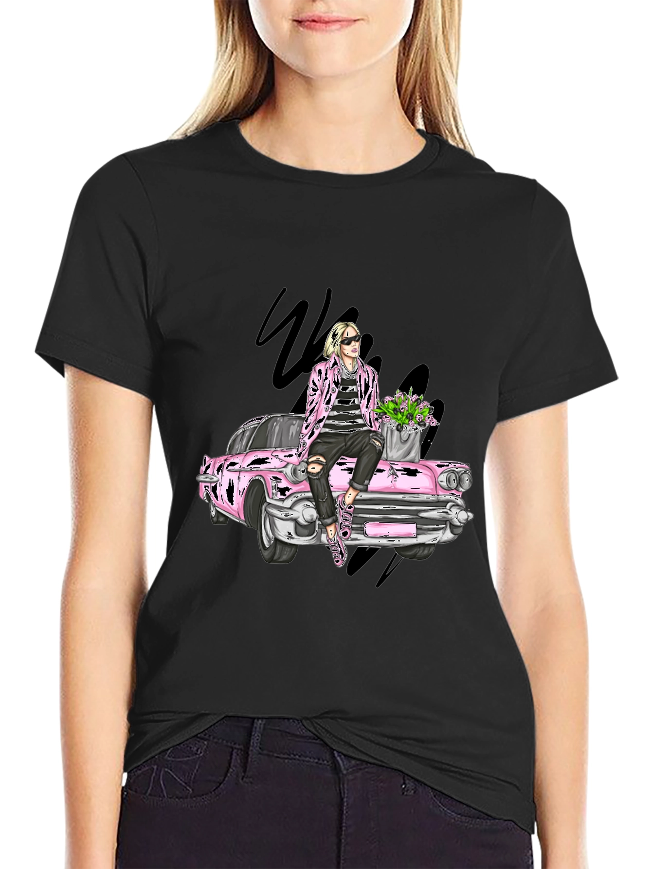 Retro Car T-Shirt with Stylish Figure Graphic