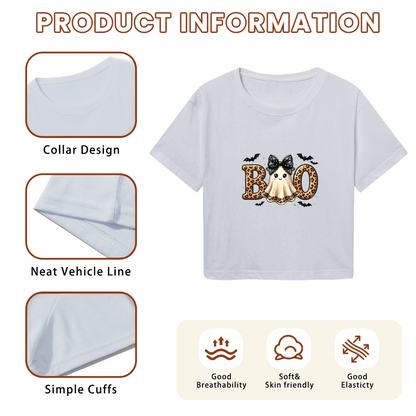 Leopard Boo Cute Ghost Spooky Season Halloween Cropped T?Shirt