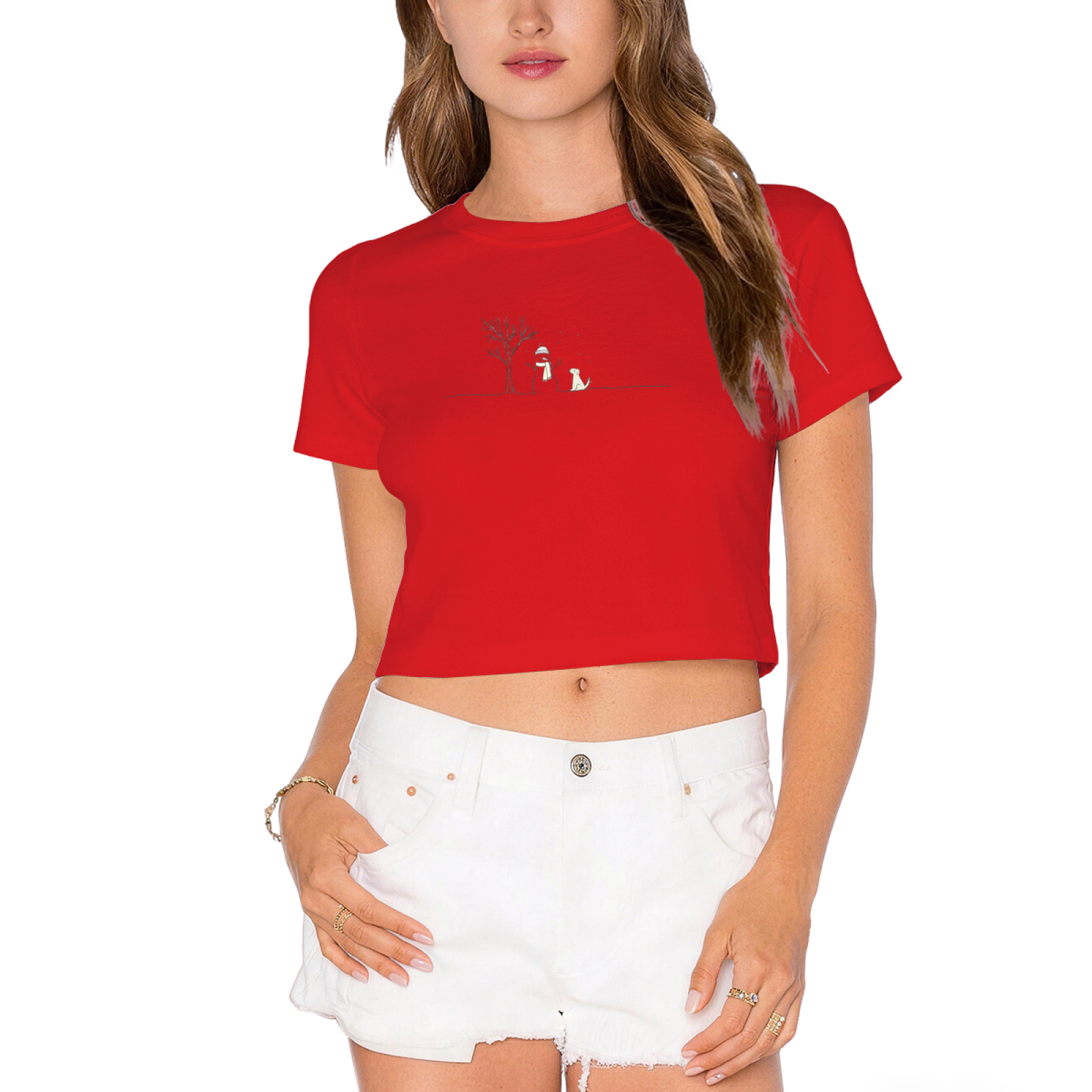 Minimal Winter Snowman Scene Cute Pink Women Crop Top