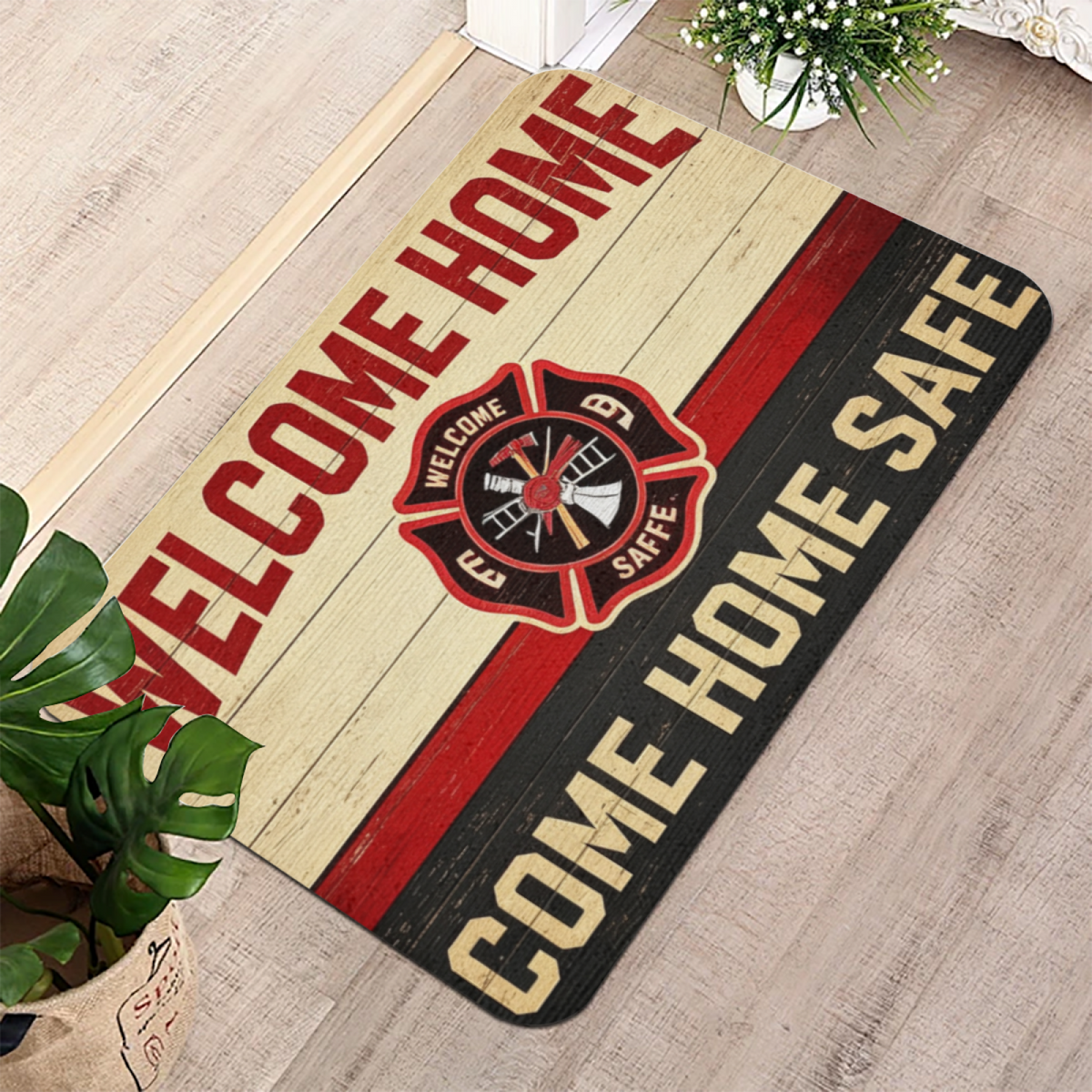 Firefighter Welcome Home Theme£üFirefighter Tribute Welcome Home Diatomite Mat, Vintage Wood Background Entry Absorbent Floor Rug
