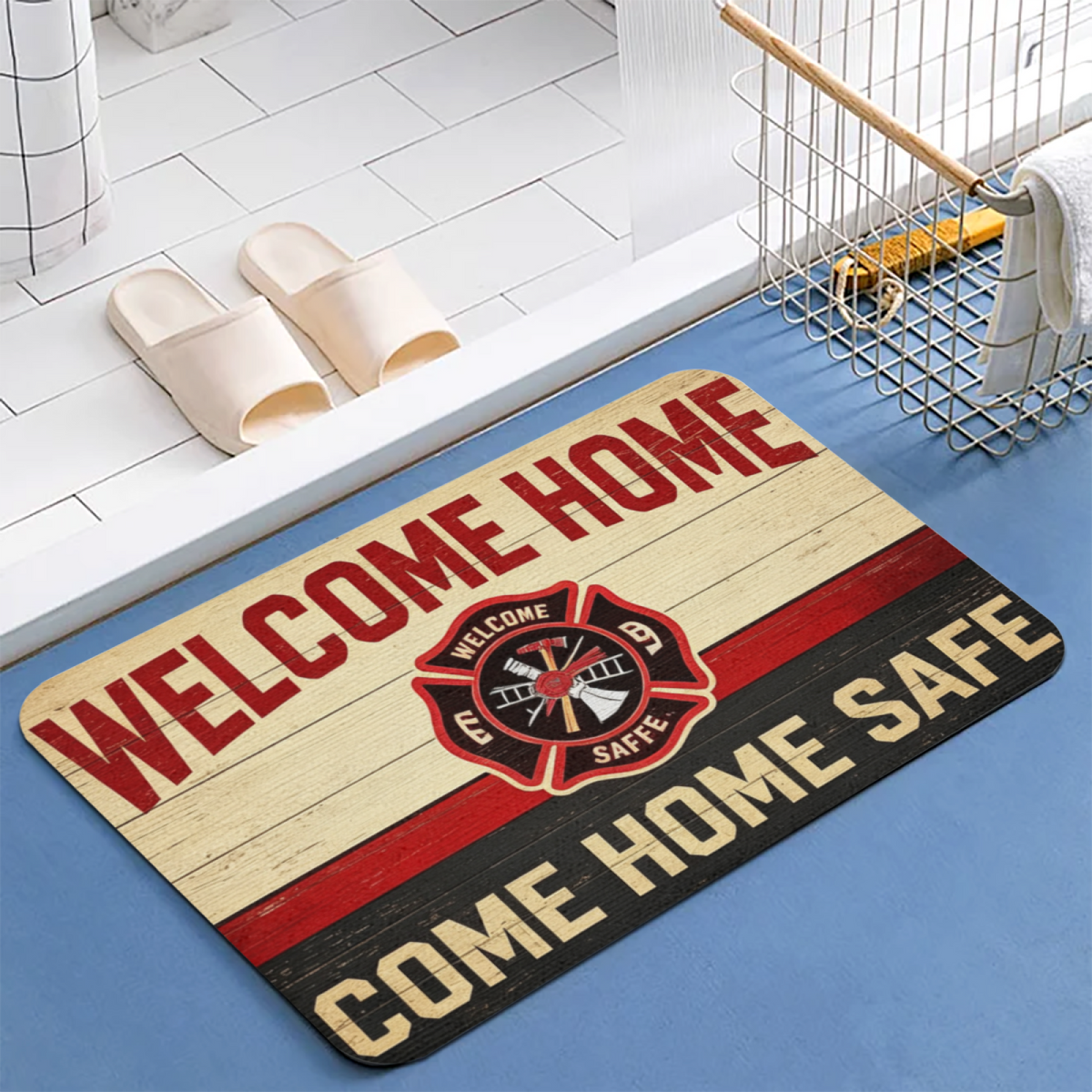Firefighter Welcome Home Theme£üFirefighter Tribute Welcome Home Diatomite Mat, Vintage Wood Background Entry Absorbent Floor Rug
