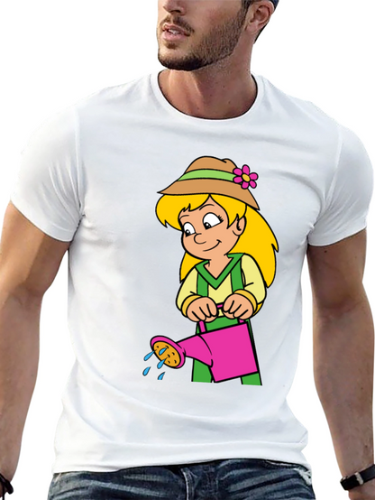 Cartoon Gardener Girl T-Shirt - Black Cotton Tee