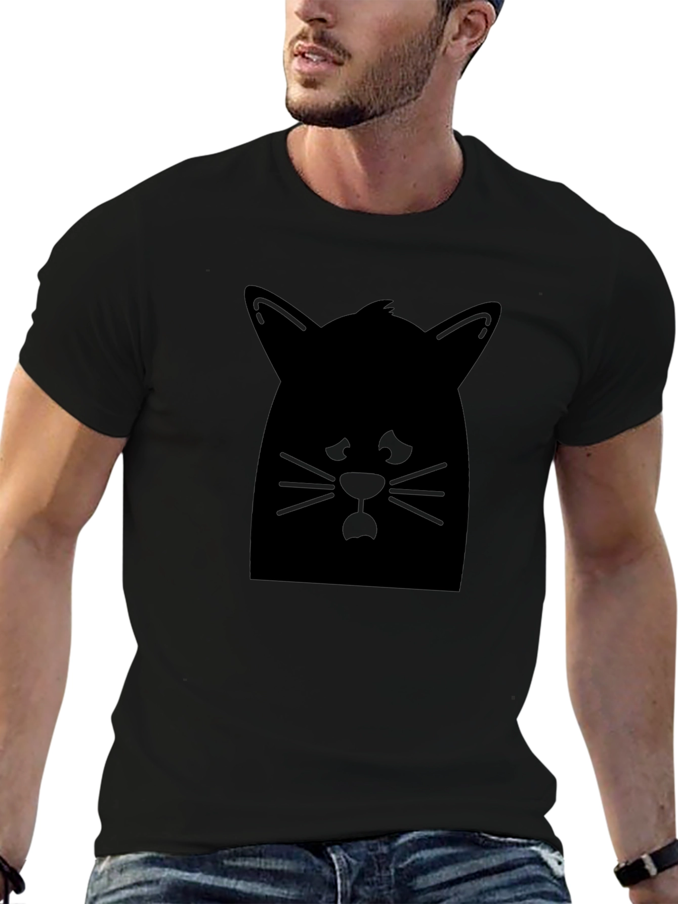Cat Silhouette Graphic Tee - Black Cotton Casual Shirt