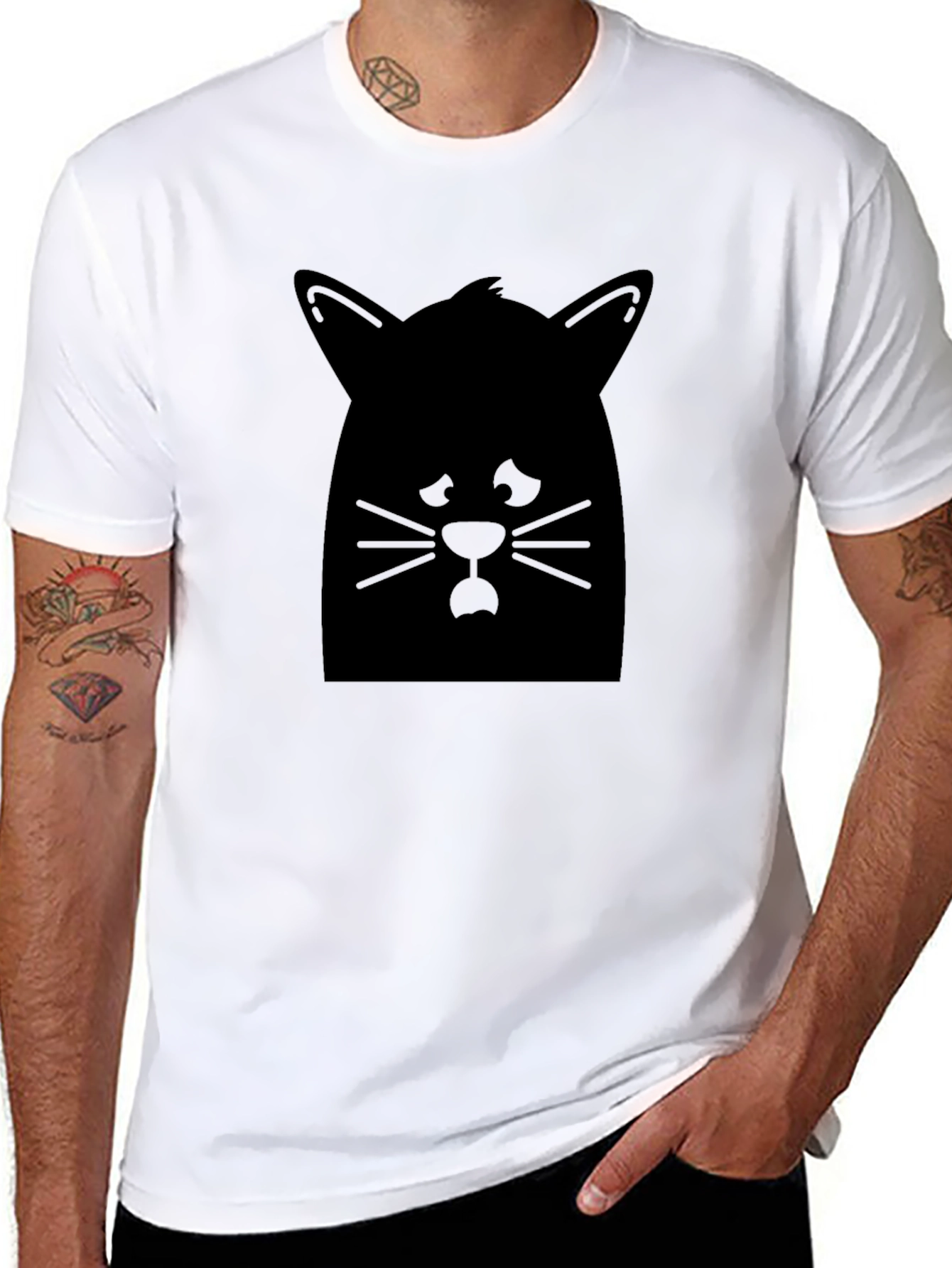 Cat Silhouette Graphic Tee - Black Cotton Casual Shirt
