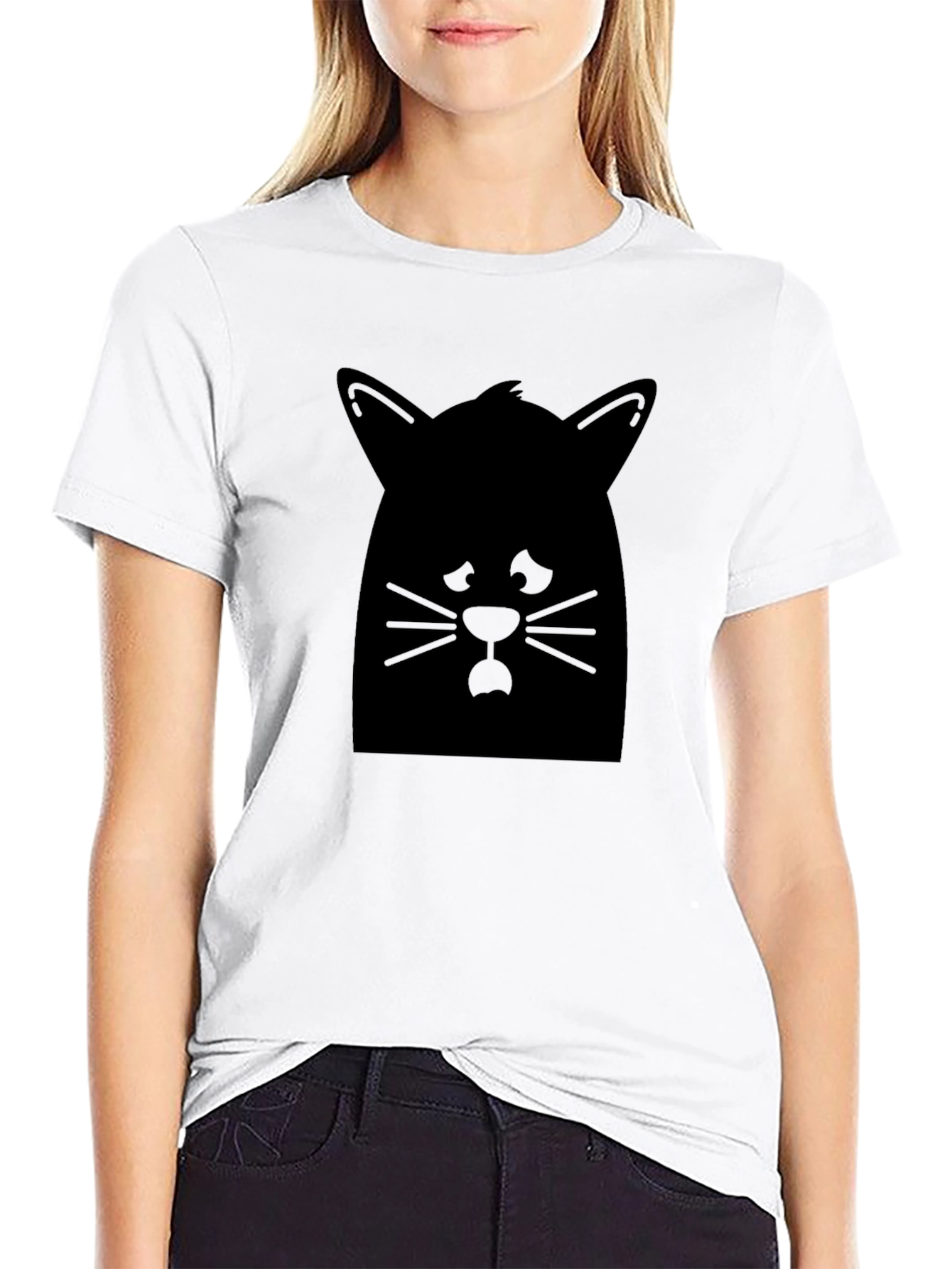 Cat Silhouette Graphic Tee - Black Cotton Casual Shirt