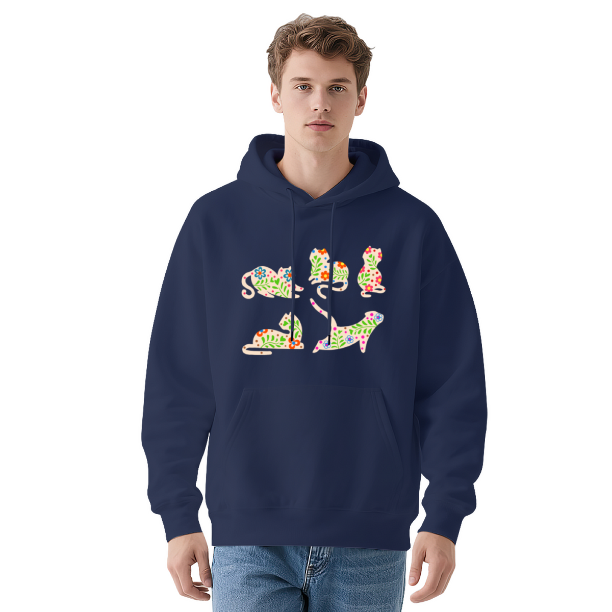 Cool Graphic Hoodie - Floral Cat Silhouette