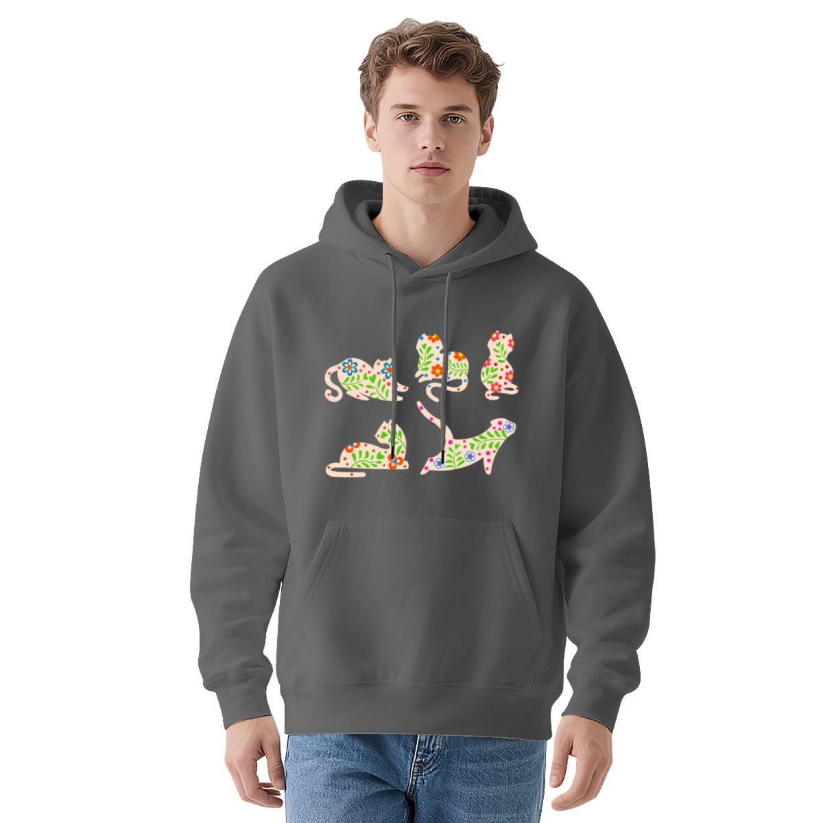 Cool Graphic Hoodie - Floral Cat Silhouette