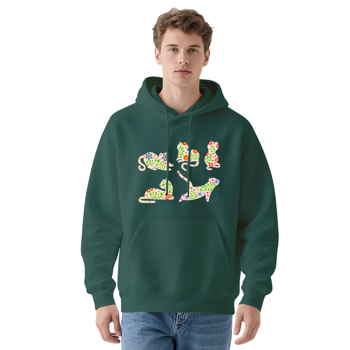 Cool Graphic Hoodie - Floral Cat Silhouette