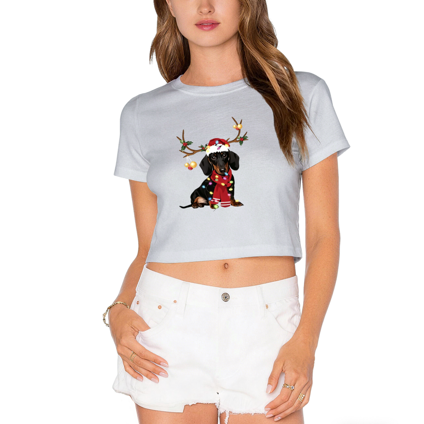 Christmas Lights Antler Dachshund Dog Lover Crop Tee