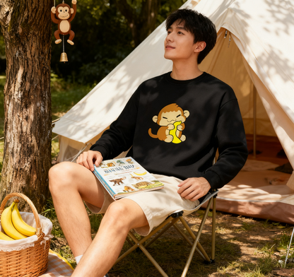 Cute Monkey Eating Banana Graphic Crewneck Sweatshirt
