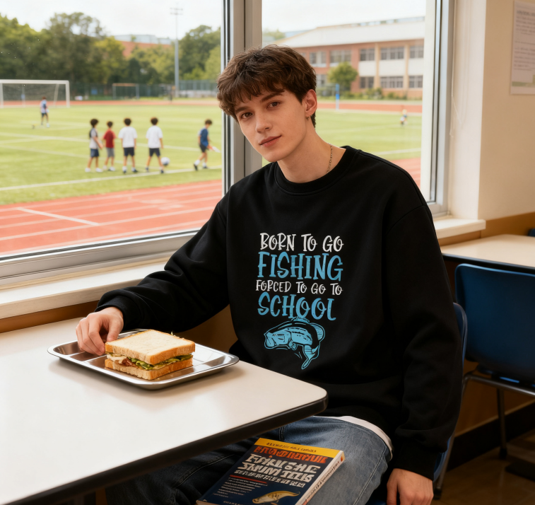 Playful "Born to Fish Forced to School" Youth Fishing Sweatshirt