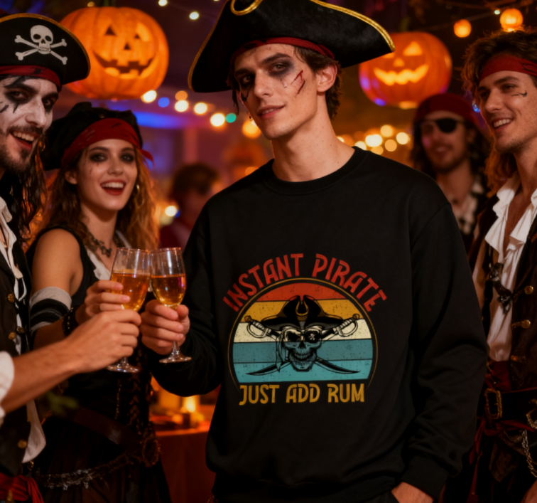Unisex Pirate Humor "Just Add Rum" Retro Graphic Sweatshirt
