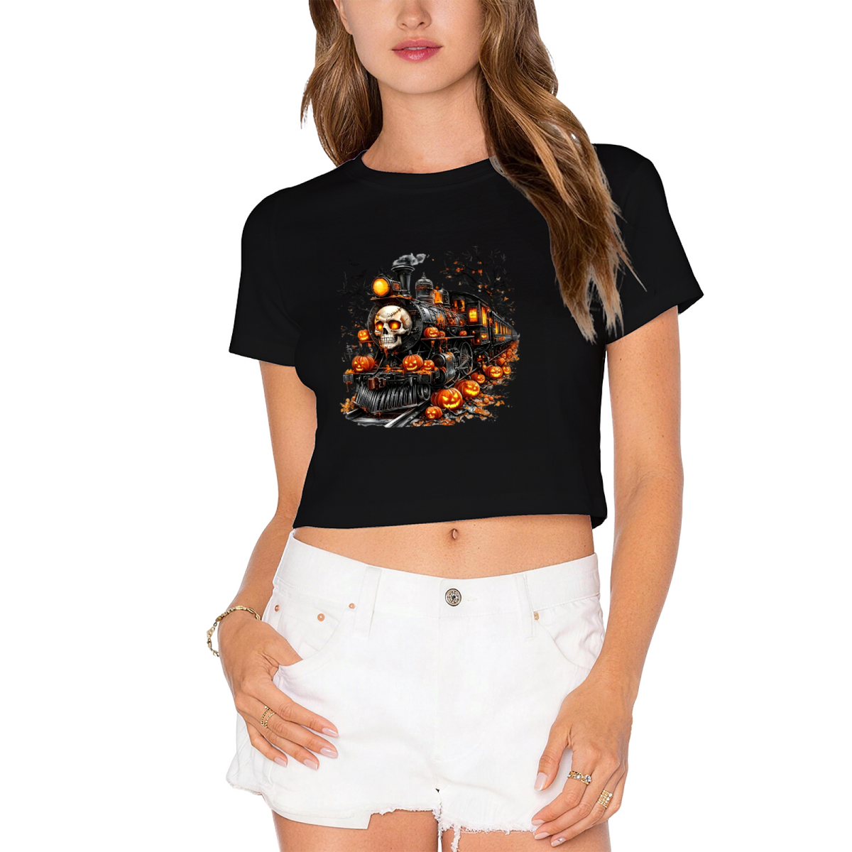 Spooky Skull Ghost Train Halloween Pumpkin Cropped Tee