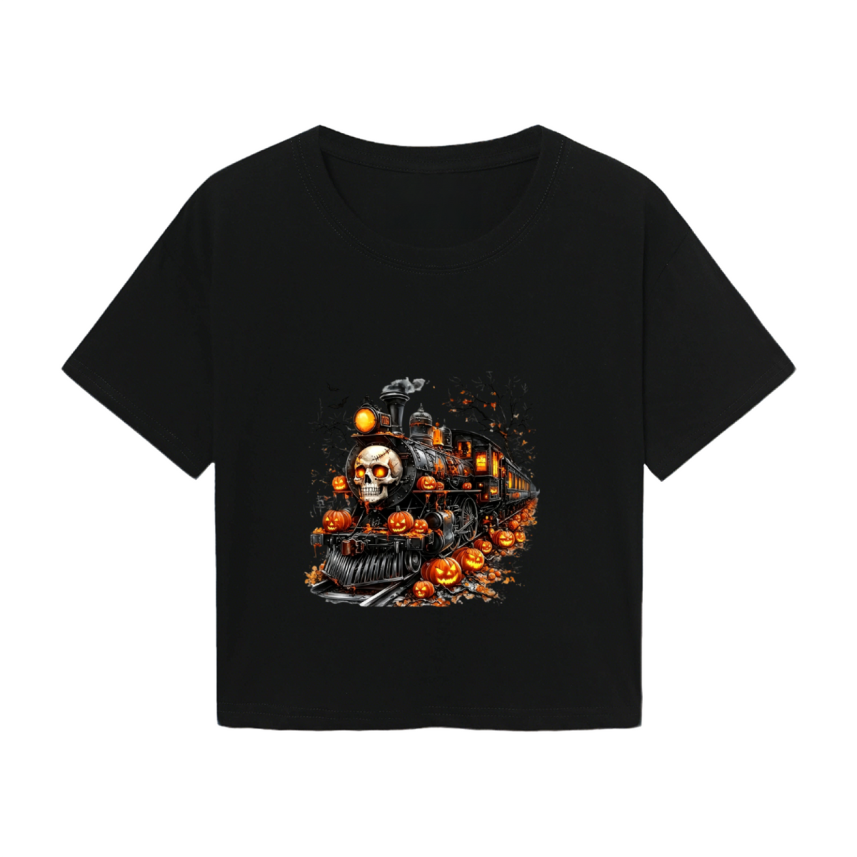 Spooky Skull Ghost Train Halloween Pumpkin Cropped Tee