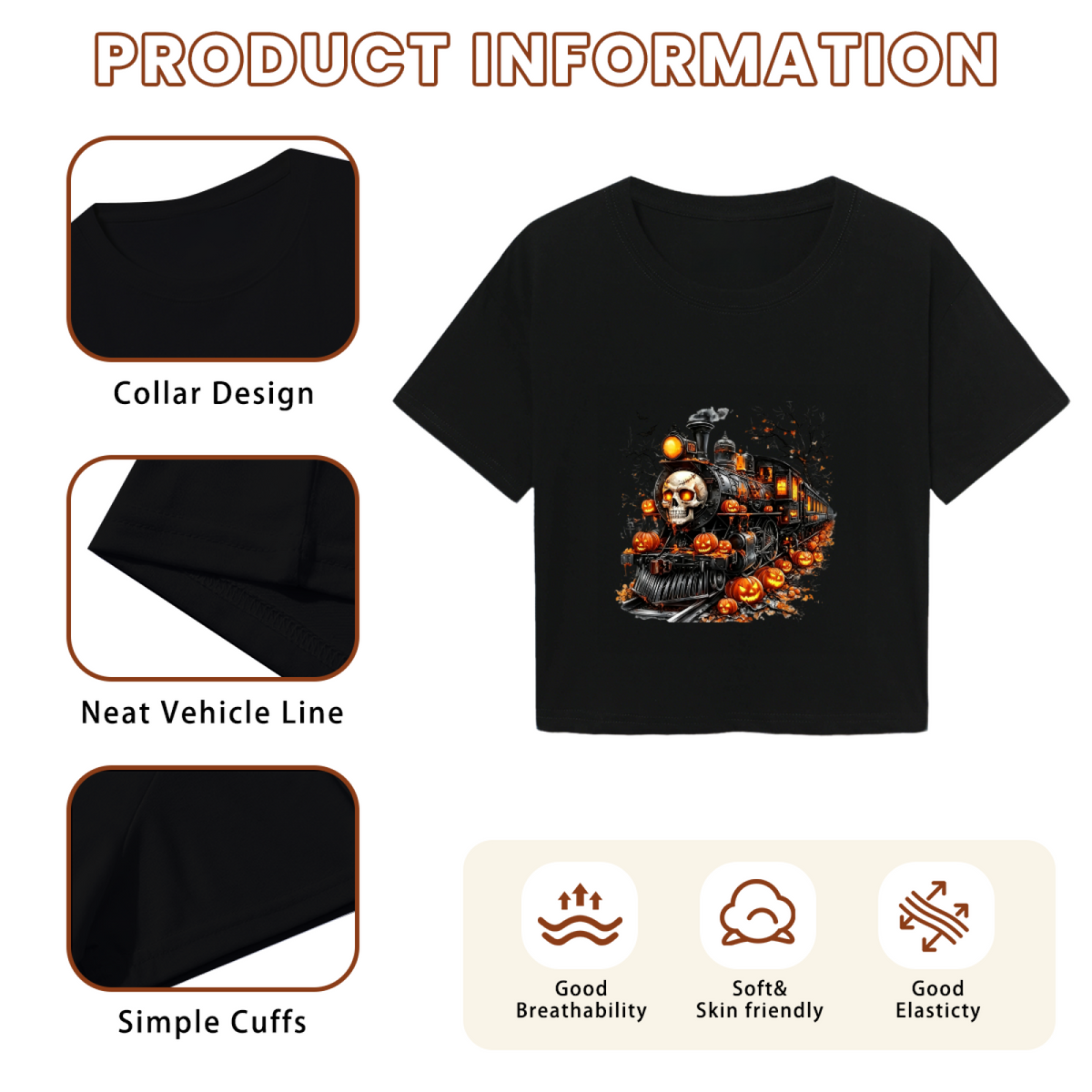 Spooky Skull Ghost Train Halloween Pumpkin Cropped Tee