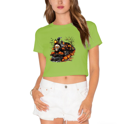 Spooky Skull Ghost Train Halloween Pumpkin Cropped Tee
