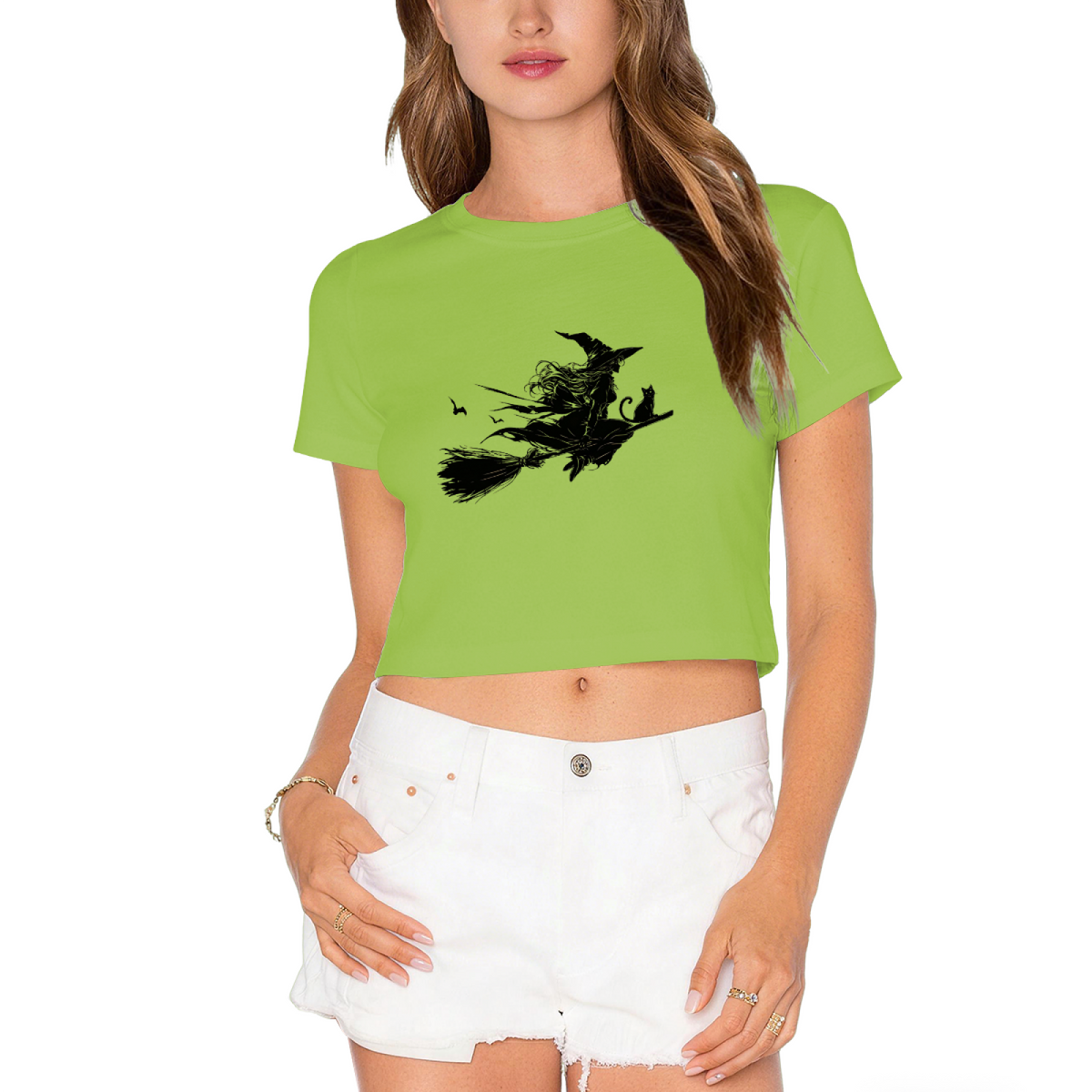 Dark Silhouette Witch Flying On Broomstick Halloween Crop Top