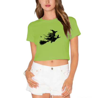 Dark Silhouette Witch Flying On Broomstick Halloween Crop Top