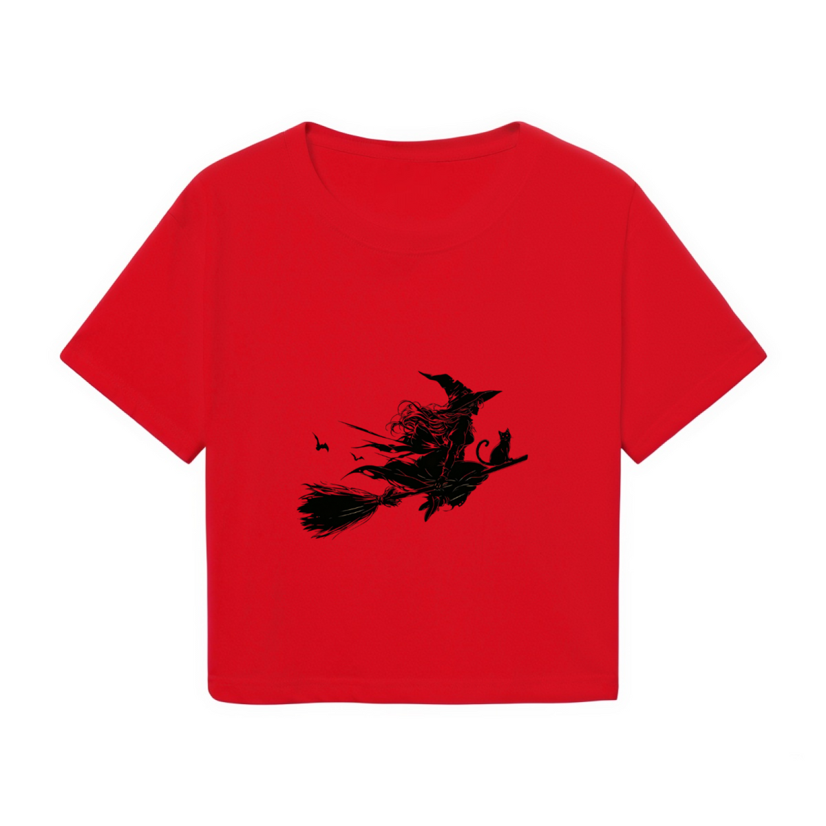 Dark Silhouette Witch Flying On Broomstick Halloween Crop Top