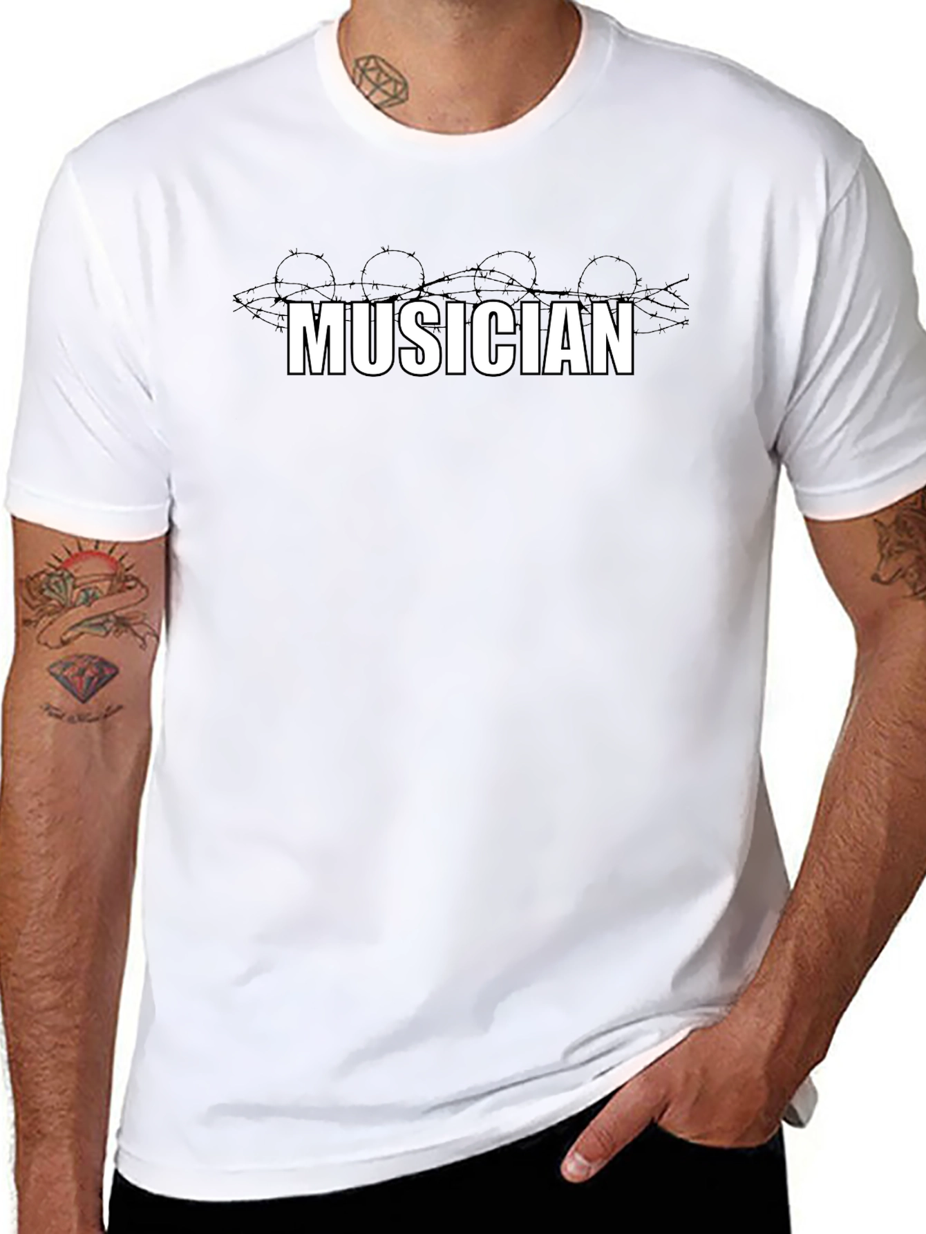 Musician Barbed Wire Graphic Tee - Black Cotton T-Shirt