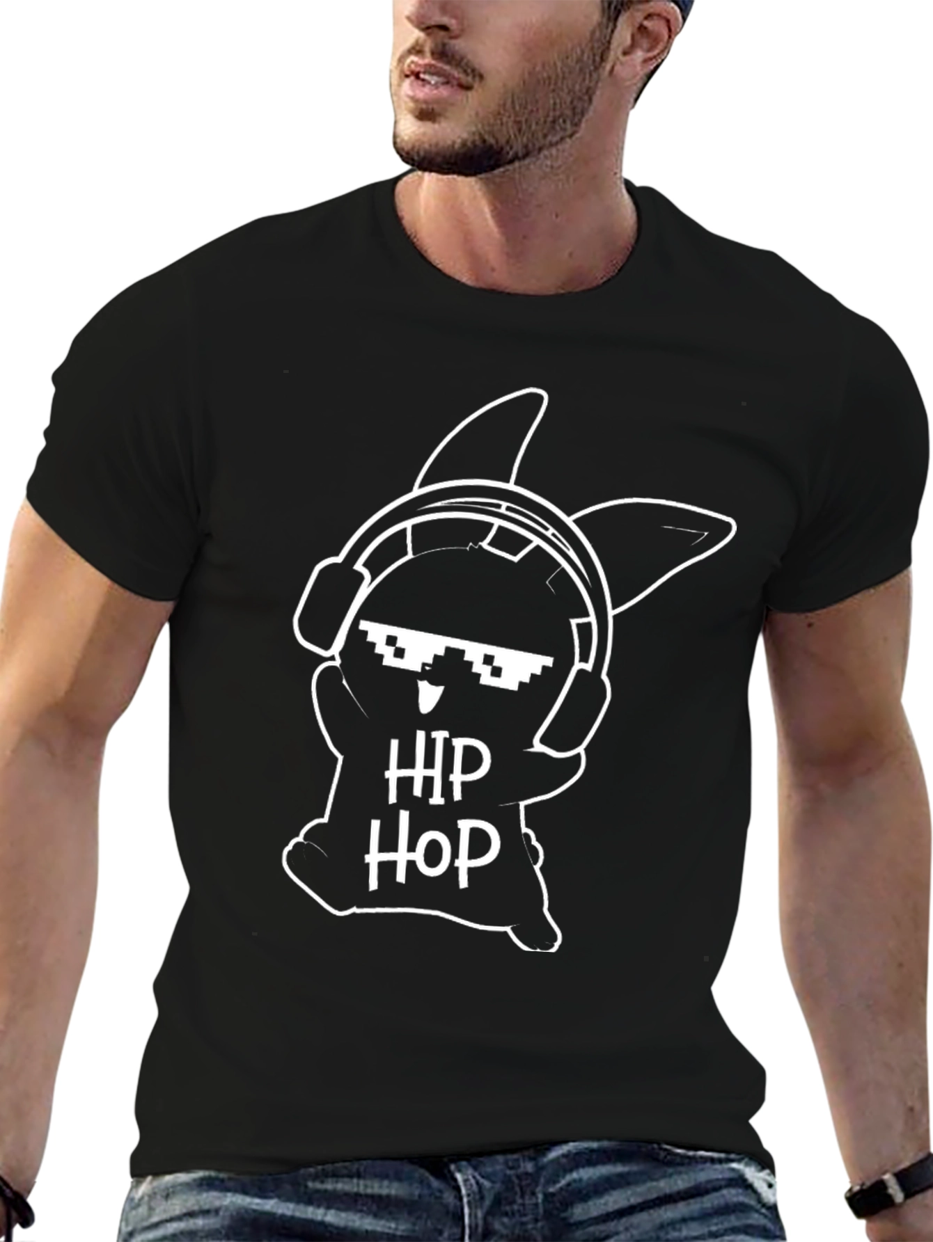 Hip Hop Bunny Graphic Tee - Black Cotton T-Shirt