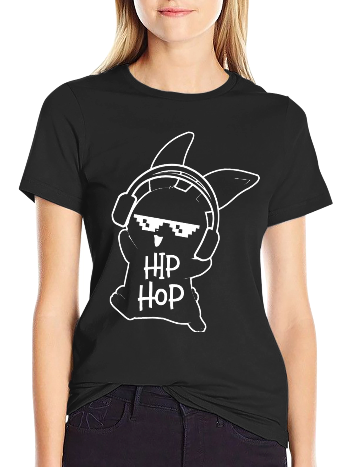 Hip Hop Bunny Graphic Tee - Black Cotton T-Shirt
